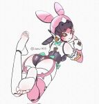  1girl aria_(robot)_(zenless_zone_zero) aria_(zenless_zone_zero) ass barefoot black_sclera blush bow choru0425 colored_sclera commentary feet foot_focus foreshortening from_behind green_bow green_eyes highres humanoid_robot joints legs legs_up looking_at_viewer lying on_stomach open_mouth pink_hair presenting_foot robot robot_girl robot_joints soles solo the_pose toenails toes zenless_zone_zero 