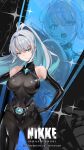  1girl aqua_eyes aqua_hair ark_ranger_black_(nikke) ass_visible_through_thighs bare_shoulders black_bodystocking black_bodysuit black_gloves bodysuit breasts closed_mouth colored_inner_hair copyright_logo covered_groin covered_navel cowboy_shot elbow_gloves fang gloves goddess_of_victory:_nikke grey_hair hair_intakes hand_on_own_hip highres impossible_bodysuit impossible_clothes large_breasts leotard logo long_hair lower_teeth_only multicolored_hair official_art official_wallpaper open_mouth ponytail projected_inset sidelocks skin_fang skin_tight sleeveless sleeveless_bodysuit solo teeth turtleneck turtleneck_leotard 
