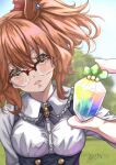  1girl animal_ears aston_machan_(casual)_(umamusume) aston_machan_(umamusume) black_ribbon blush breasts brown_hair carat_(umamusume) casual commentary_request ear_scrunchie glasses green_eyes hair_ornament hair_scrunchie highres holding horse_ears horse_girl large_breasts long_sleeves medium_hair mike3284 neck_ribbon one_side_up open_mouth outdoors over-rim_eyewear red-framed_eyewear red_scrunchie ribbon scrunchie semi-rimless_eyewear shirt skirt solo suspender_skirt suspenders umamusume upper_body white_shirt 