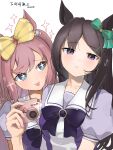  +_+ 2girls :3 absurdres agnes_digital_(umamusume) animal_ears aqua_bow blue_eyes blush bow brown_hair camera commentary_request ear_bow frown hair_between_eyes hair_ornament hairclip hand_up head_tilt highres holding holding_camera horse_ears horse_girl horseshoe_ornament long_hair looking_at_another looking_at_viewer mejiro_dober_(umamusume) mono_(fnkj2557) multiple_girls open_mouth pink_hair puffy_short_sleeves puffy_sleeves purple_bow purple_eyes raised_inner_eyebrows school_uniform short_sleeves simple_background sparkle sparkling_aura summer_uniform sweat tracen_school_uniform translation_request umamusume upper_body white_background 