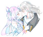  2girls arm_ribbon bare_shoulders black_jacket blue_hair blue_ribbon blunt_bangs breasts closed_eyes clothes_grab collarbone colored_inner_hair cyrene_(demiurge)_(honkai:_star_rail) cyrene_(honkai:_star_rail) detached_sleeves dress eyelashes eyeshadow floating_hair flower green_ribbon grey_hair hair_flower hair_ornament hands_up heart heart_ornament highres hinagi_(fox_priest) honkai:_star_rail honkai_(series) jacket kiss lapels long_hair looking_at_another makeup medium_breasts multicolored_hair multicolored_ribbon multiple_girls open_clothes open_jacket orange_eyes pale_skin pink_hair pink_ribbon pointy_ears red_eyeshadow red_ribbon ribbon rose shirt short_sleeves sidelocks simple_background sleeveless sleeveless_dress stelle_(honkai:_star_rail) surprise_kiss surprised sweatdrop t-shirt trailblazer_(honkai:_star_rail) v-shaped_eyebrows very_long_hair white_background white_dress white_flower white_rose white_shirt white_sleeves wide-eyed yuri 