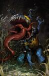  animal_print bodysuit character_request claws comic_cover commentary cover cover_page derrick_chew highres long_tongue marvel monster_boy monster_tongue multiple_tongues sharp_teeth signature spider_print spiral_horn symbiote teeth textless_cover_page textless_version tongue very_long_tongue 