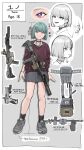  1girl absurdres ar-15 assault_rifle bare_legs bcm_mcmr black_choker black_socks bulletproof_vest character_name choker commentary_request full_body green_hair grey_background grey_skirt gun handgun highres looking_at_viewer nyo551 original purple_eyes red_sweater reference_sheet rifle shirt shoes short_hair simple_background skirt smile smith_&amp;_wesson_m&amp;p sneakers socks solo straight-on sweater weapon white_shirt yuno_(nyo551) 