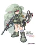  1girl ankle_boots artofmiin asymmetrical_dual_wielding axe bandaged_leg bandages bandaid bandaid_on_knee bandaid_on_leg belt belt_pouch black_belt black_eyes black_gloves blood blood_on_face blood_on_leg blood_on_weapon blunt_bangs blunt_ends boots bright_pupils camouflage camouflage_shorts character_name closed_mouth commentary cosplay dual_wielding finger_on_trigger full_body gauze gauze_on_cheek gloves glowing glowing_eye green_boots green_hair green_jacket green_shorts gun gundam heat_hawk heterochromia highres holding holding_axe holding_gun holding_weapon jacket lace-up_boots long_sleeves looking_at_viewer mask mobile_suit mobile_suit_gundam pouch puffy_long_sleeves puffy_sleeves red_eyes respirator short_hair short_shorts shorts shoulder_spikes spikes standing twitter_username weapon white_background white_pupils zaku_ii zaku_ii_(cosplay) zeon 