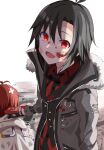 2girls absurdres black_gloves black_hair blood blood_on_clothes blood_on_face coat commentary_request crazy_eyes gloves grey_coat haruki_(haruki678) highres idol_heroes_(idolmaster) idolmaster idolmaster_(classic) idolmaster_million_live! idolmaster_million_live!_theater_days julia_(idolmaster) kikuchi_makoto kikuchi_makoto_(violent_desire) long_hair mighty_sailor multicolored_gloves multiple_girls official_alternate_costume official_alternate_eye_color red_eyes red_gloves short_hair two-tone_gloves 