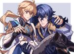  2boys aether_(genshin_impact) ahoge ankle_boots armor black_boots black_coat black_gloves black_hair black_pants black_shirt boots brooch carrying coat collared_jacket commentary crossed_bangs floating_hair fur-trimmed_coat fur_trim genshin_impact gloves gold_trim hair_between_eyes highres jacket jewelry lapels long_hair male_focus multiple_boys pants pauldrons ponytail princess_carry purple_eyes seuoleol shirt short_hair shoulder_armor single_pauldron sweatdrop twitter_username valeriy_(genshin_impact) very_long_hair yaoi 