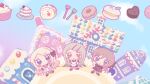  3girls :o apron black_bow black_hair black_thighhighs black_trim blonde_hair blush_stickers bow bowtie braid brown_thighhighs cake cake_pop cake_slice chibi chibi_only chocolate commentary_request corset cropped_jacket crown_braid cupcake donut dress food food_request frilled_apron frills gakuen_idolmaster gingerbread_house gradient_hair hair_ornament hairband hairclip happy_mille-feuille_(idolmaster) heart_apron high_collar highres himesaki_rinami idolmaster juo_sena long_hair macaron maid medium_hair multicolored_hair multiple_girls official_art orange_hair parallel_hairclips pearl_hairband pink_bow shinosawa_hiro smile swiss_roll thighhighs unconventional_maid white_apron white_corset white_dress white_trim wotoha 
