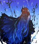  1girl armor black_pants black_shirt blue_background blue_cape blue_hair brown_hair cape commentary constellation constellation_print cowboy_shot e.g.o_(project_moon) english_commentary facing_away floating floating_object floating_sword floating_weapon from_behind fur_trim gradient_background gradient_hair highres limbus_company long_hair long_sleeves multicolored_hair pants pauldrons project_moon rapier rodion_(project_moon) shirt shoulder_armor solo sparkle star_(sky) star_(symbol) star_print sword the_sword_sharpened_with_tears_(e.g.o) weapon white_background wind_sandstars 