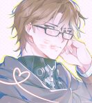  1boy alicevseliet black-framed_eyewear brown_hair checkered_background closed_mouth commentary english_commentary eyes_visible_through_hair frown glasses grey_background grey_scarf hand_up heart highres honkai:_star_rail honkai_(series) lipstick_mark lipstick_mark_on_face long_sleeves looking_at_viewer male_focus multicolored_hair orange_eyes outline rectangular_eyewear scarf short_hair simple_background solo streaked_hair upper_body welt_yang white_streaks yellow_outline 