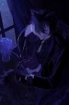  1boy animal animal_ears animal_on_lap black_gloves black_hair cat closed_eyes coat commentary_request dark fur-trimmed_coat fur_trim gloves highres holding holding_animal holding_cat holostars jackal_boy jackal_ears kageyama_shien kageyama_shien_(1st_costume) male_focus multicolored_hair necktie nekoyama_shien on_lap san_3_t sky sleeping star_(sky) starry_sky streaked_hair virtual_graduation_commemoration virtual_youtuber white_hair white_necktie white_streaks window 