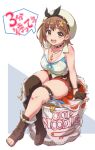  1girl :d atelier_(series) atelier_ryza atelier_ryza_2 beret black_collar braid breasts brown_gloves brown_hair brown_shoes brown_thighhighs cleavage collar collarbone commentary_request fingerless_gloves full_body gloves hat highres jewelry key key_necklace large_breasts looking_at_viewer n88_colpla necklace nissin_cup_noodle open_mouth red_shorts reisalin_stout shirt shoes short_hair short_shorts shorts single_thighhigh sleeveless sleeveless_shirt smile solo speech_bubble teeth thighhighs toes translation_request upper_teeth_only white_hat white_shirt yellow_eyes 