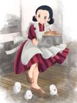  ._. 1girl :o apron black_eyes black_hair bread brown_shoes commentary_request double_bun dress food frilled_apron frills green_eyes grey_mittens hair_bun highres himi_(kimitachi_wa_dou_ikiru_ka) holding_bread indoors kimitachi_wa_dou_ikiru_ka loaf_of_bread looking_at_creature mittens open_mouth oven_mitts red_dress shoes short_hair short_sleeves smile standing standing_on_one_leg striped_clothes striped_dress vertical-striped_clothes vertical-striped_dress wanda_(wondaba) warawara_(miyazaki) white_apron wooden_floor 