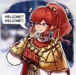  1girl absurdres alt_text anna_(fire_emblem) anna_(fire_emblem:_fortune's_weave) armor braid breasts commentary earrings english_commentary english_text finger_to_face fire_emblem fire_emblem:_fortune's_weave hair_between_eyes highres jewelry medium_breasts missingtexture notice_lines ponytail red_eyes red_hair smile solo upper_body vambraces 