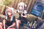  2girls black_dress black_shirt breasts building collarbone couch curtains d4dj double_bun dress drying drying_another's_hair drying_hair elsie_(d4dj) fingernails game_asset hair_bun hair_dryer holding holding_hair_dryer indoors medium_breasts medium_hair multiple_girls night official_art on_couch plant puffy_short_sleeves puffy_sleeves purple_shorts shirt short_sleeves shorts sitting sky table third-party_source towel towel_on_head weronika_(d4dj) white_hair white_shirt 