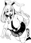  1girl absurdres animal_ears bangs breasts collared_shirt high_contrast highres himajin_noizu huge_breasts index_finger_raised long_hair looking_at_viewer monochrome necktie open_mouth pleated_skirt rabbit_ears rabbit_girl reisen_udongein_inaba shirt short_sleeves skirt socks solo teeth thighhighs touhou upper_teeth_only 