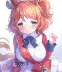 1girl aki_(akinyaaaaa) animal_ears aston_machan_(flare)_(umamusume) aston_machan_(umamusume) black_bow black_bowtie blush bow bowtie breasts brown_hair closed_mouth commentary_request crown frown green_eyes hair_ornament hair_scrunchie highres horse_ears horse_girl horse_tail large_breasts long_sleeves looking_at_viewer mini_crown red_sash red_scrunchie red_sleeves sash scrunchie shirt shoulder_sash simple_background skirt solo tail tilted_headwear umamusume white_shirt 