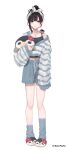  1girl absurdres animal_slippers asymmetrical_legwear black_camisole brown_hair camisole colored_inner_hair commentary_request creature creature_on_shoulder cropped_sweater drawstring earrings full_body green_eyes hair_between_eyes hair_bun hairband highres hizuki_yui jewelry makihitsuji midriff_peek mole mole_under_eye multicolored_hair necklace neo-porte on_shoulder red_eyes short_hair shorts simple_background single_bare_shoulder single_hair_bun single_off_shoulder slippers socks solo streaked_hair stuffed_animal stuffed_penguin stuffed_toy sweater uneven_legwear virtual_youtuber white_background 