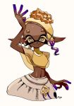  +_+ 1girl arm_up artist_name asymmetrical_hair baggy_pants blonde_hair blush breasts closed_mouth colored_eyelashes commentary cowboy_shot crop_top cropped_legs dark-skinned_female dark_skin ear_blush earrings forehead frye_(splatoon) hagoromo hair_tie happy highres jewelry looking_at_viewer midriff multicolored_hair multiple_earrings navel object_on_head pants pointy_ears purple_hair see-through shawl shirt shogo_(shogo70449442) sidelocks signature simple_background sleeveless sleeveless_shirt small_breasts smile solo splatoon_(series) splatoon_3 split_mouth standing stomach tentacle_hair tentacles two-tone_hair w white_background white_pants yellow_eyes yellow_shawl yellow_shirt 