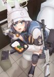  1girl armband bento blue_archive blue_sailor_collar blue_serafuku blue_skirt chopsticks combat_helmet commentary_request eating green_halo gun halo helmet highres holding holding_chopsticks k_jie knee_pads lahti-saloranta_m/26 light_machine_gun looking_at_viewer machine_gun neckerchief open_mouth pov_shadow sailor_collar sailor_shirt saki_(blue_archive) school_uniform serafuku shadow shirt short_hair sitting skirt solo tactical_school_uniform teeth toilet upper_teeth_only weapon white_helmet white_shirt yellow_neckerchief 