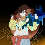  1girl belly bindi black_cardigan bow bra breasts brown_eyes brown_hair cardigan cleavage commentary_request cowboy_shot dual_persona fate/extra fate/extra_ccc fate/grand_order fate_(series) ganesha_(fate) glasses hair_bow highres jewelry jinako_carigiri konoyono_(tuki_hana_teppou) medium_breasts navel plump red_bow revealing_layer ring tank_top underwear white_bra yellow_tank_top 