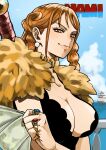  1girl bird blue_gem blue_sky braid breasts cape capelet character_name cleavage closed_mouth cloud cloudy_sky commentary earrings fur_capelet gem gold_choker gold_ring highres holding holding_money jewelry large_breasts long_hair looking_at_viewer money multiple_braids multiple_rings nami_(one_piece) nappa-nappa ocean official_alternate_costume official_alternate_hairstyle one_piece orange_eyes orange_hair outdoors pearl_earrings pirate_ship red_gem ring ship single_braided_sidelock sky smile smirk solo sword sword_on_back upper_body watercraft weapon weapon_on_back yellow_cape 
