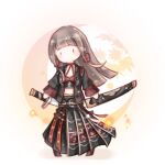  1girl black_eyes black_jacket black_shirt black_skirt blunt_bangs blunt_ends blush_stickers boots breasts brown_hair chibi chinese_commentary choker cleavage commentary_request crescent crop_top earrings embers halter_shirt halterneck high-waist_skirt holding holding_behind_back holding_sword holding_weapon holding_weapon_behind_back interruption_(echo-023) jacket jewelry layered_sleeves leaf light_particles long_hair long_sidelocks long_skirt long_sleeves maple_leaf midriff nikki_(series) no_mouth open_clothes open_jacket pleated_skirt red_boots red_choker red_shirt shadow sheath shining_nikki shirt sidelocks skirt solid_oval_eyes solo standing sword traveler's_robe_(shining_nikki) two-tone_shirt unsheathing very_long_hair weapon white_background 