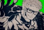  1boy closed_mouth commentary_request earrings gloves green_background greyscale_with_colored_background highres jewelry looking_at_viewer male_focus one_eye_closed one_piece roronoa_zoro scar scar_across_eye scar_on_face shi_camellia8 short_hair simple_background smile solo 