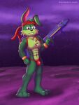  anthro bandanna bg bulge clothing epic_games green gun hare hi_res invalid_background jazz_jackrabbit jazz_jackrabbit_(series) kerchief lagomorph leporid male male/male mammal muscular orange purple rabbit ranged_weapon red renthecat solo thong underwear weapon 