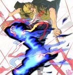  1boy absurdres black_lightning blonde_hair blue_fire cigar cigarette commentary curly_eyebrows diable_jambe english_commentary facial_hair fire goatee hair_over_one_eye haki_(one_piece) highres holding holding_cigarette ifrit_jambe male_focus mustache_stubble one_piece red_lightning sanji_(one_piece) smoke smoke_trail smoking solo stubble yamisuki59 