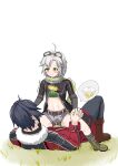  1boy 1girl absurdres ahoge ankle_socks arm_warmers artist_request belt black_hair black_pants boots brown_belt brown_boots commentary_request crop_top denim denim_shorts eiyuu_densetsu embarrassed fie_claussell fur_collar goggles goggles_on_head grass green_boots green_eyes grey_arm_warmers grey_shorts hair_between_eyes highres holding_hands interlocked_fingers knee_boots leather leather_boots light_blush long_scarf long_sleeves lying midriff motion_lines navel on_back pants pants_tucked_in parted_bangs parted_lips pee pee_puddle pee_stain peeing peeing_self petite rean_schwarzer scarf sen_no_kiseki_(series) sen_no_kiseki_ii short_hair short_shorts shorts simple_background socks straddling striped_clothes striped_socks trembling white_background white_hair 