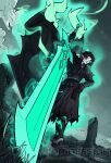  absurdres armor asymmetrical_armor belt black_hair boots commentary commission elf english_commentary facial_mark glowing glowing_tattoo greatsword highres holding holding_sword holding_weapon nico_artt original pointy_ears shield short_hair sword tattoo torn_clothes vgen_commission weapon white_eyes 