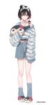  1girl absurdres animal_slippers asymmetrical_legwear black_camisole brown_hair camisole colored_inner_hair commentary_request creature creature_on_shoulder cropped_sweater drawstring earrings full_body green_eyes hair_between_eyes hair_bun hairband highres hizuki_yui jewelry makihitsuji midriff_peek mole mole_under_eye multicolored_hair necklace neo-porte on_shoulder red_eyes short_hair shorts simple_background single_bare_shoulder single_hair_bun single_off_shoulder slippers socks solo streaked_hair stuffed_animal stuffed_penguin stuffed_toy sweater uneven_legwear virtual_youtuber white_background 