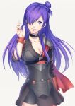  1girl armor asymmetrical_clothes bangs breasts cape choker cleavage closed_mouth fire_emblem fire_emblem:_three_houses fire_emblem_warriors:_three_hopes hair_bun hair_over_one_eye highres large_breasts long_hair looking_at_viewer medium_breasts purple_eyes purple_hair rs_lbl shez_(female)_(fire_emblem) shez_(fire_emblem) simple_background single_hair_bun smile solo 