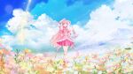  1girl arm_up arm_warmers artist_request back_bow balala_the_fairies boots bow bowtie brooch brown_eyes commentary_request cosplay daisy_(flower) day dress field flower flower_field footwear_bow forest frilled_arm_warmers frilled_dress frilled_socks frills full_body hairband happy headset heart heart_brooch high_heel_boots high_heels highres holding holding_instrument instrument jewelry kneehighs layered_legwear leaf light_particles ling_meixue ling_meixue_(cosplay) long_hair looking_at_viewer magical_girl mountain musical_staff nature nikki_(nikki) nikki_(series) official_art open_mouth outdoors petals pink_boots pink_bow pink_bowtie pink_dress pink_hair pink_socks pleated_dress puffy_short_sleeves puffy_sleeves red_flower second-party_source see-through_clothes see-through_socks shining_nikki short_dress short_sleeves smile socks solo standing two_side_up very_long_hair wavy_hair white_arm_warmers white_flower white_hairband white_socks yellow_flower 