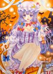  1girl absurdres bare_tree bat_(animal) blue_bow blush bow bowtie breasts candy cleavage commentary_request crescent crescent_hat_ornament dress embellished_costume food frilled_dress frills hair_bow halloween halloween_costume hat hat_ornament highres large_breasts long_hair long_sleeves looking_at_viewer marker_(medium) mob_cap multiple_hair_bows open_mouth orange_sky patchouli_knowledge pink_dress pink_hat pumpkin purple_eyes purple_hair red_bow red_bowtie sample_watermark sarieru sky smile solo striped_clothes striped_dress thighs touhou traditional_media tree vertical-striped_clothes vertical-striped_dress very_long_hair watermark wrapped_candy 