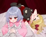  2girls alternate_costume bed blonde_hair blush bow chimi_(s2yuyukos2) closed_eyes collared_shirt commentary dress fang flandre_scarlet frilled_shirt_collar frilled_sleeves frills hair_bow hat highres long_sleeves lying missing_headwear missing_wings mob_cap multiple_girls on_back on_bed on_stomach open_mouth own_hands_together pillow pink_dress pointy_ears puffy_short_sleeves puffy_sleeves purple_hair red_bow red_dress red_eyes remilia_scarlet revision shirt short_sleeves siblings sisters skin_fang smile stuffed_animal stuffed_toy teddy_bear touhou under_covers unworn_headwear white_hat wide_sleeves 