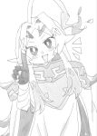  1girl ahoge armor black_gloves blonde_hair blush burning_ahoge burning_hair cloak commentary_request embers fiery_hair finger_wagging gloves highres huge_ahoge long_hair looking_at_viewer monochrome neck_armor open_mouth red_eyes shoulder_armor sketch smile teoritta very_long_hair white_cloak ympooooo yuushakei_ni_shosu 
