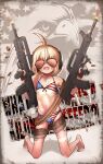  1girl ahoge american_flag american_flag_bikini american_flag_print ammunition_belt assault_rifle asymmetrical_dual_wielding aviator_sunglasses bald_eagle bandolier bare_shoulders barefoot belt bikini bikini_tan bikini_under_clothes bird bird_girl blonde_hair blush_stickers bob_cut brown_shorts bullpup casing_ejection collarbone commentary dual_wielding eagle english_commentary facing_viewer famas fang feather_hair fingerless_gloves fingernails firing flag_print flag_print_bikini flat_chest front-tie_bikini_top front-tie_top full_body furrowed_brow gloves grey_background gun headphones highres holding holding_gun holding_weapon indie_virtual_youtuber inis_(vtuber) kneeling long_fingernails medium_hair meme multicolored_hair multicolored_text muzzle_flash navel open_clothes open_fly open_mouth open_shorts orange-tinted_eyewear patriotism pettan_(zeez4743) print_bikini qbz-95 rifle second-party_source shadow sharp_fingernails shell_casing short_shorts shorts solo streaked_hair sunglasses swimsuit tan tanlines tinted_eyewear tongue united_states unzipped virtual_youtuber weapon what_the_fuck_is_a_kilometer_(meme) white_streaks 