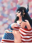 1girl american_flag american_flag_bikini american_flag_print asymmetrical_horns bikini black_hair blue_bikini blurry blurry_background breasts commentary english_commentary flag_print flag_print_bikini highres hololive hololive_english horns large_breasts long_hair meme nerissa_ravencroft print_bikini red_bikini solo sunglasses swimsuit torororose uneven_horns virtual_youtuber white_bikini world_cup_american_bikini_(meme) 