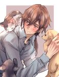  1boy animal blue_shirt border brown_hair calico cat collared_shirt dog grey_background grey_eyes grey_shirt highres holding holding_animal long_hair long_sleeves low_ponytail male_focus mochizuki_aoto puppy roji_(rozio) shirt white_border wind_boys! 