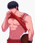  1boy abs artist_name ball bare_shoulders basketball basketball_jersey basketball_uniform biceps black_eyes black_hair closed_mouth clothes_lift collarbone commentary_request dated hair_between_eyes hand_up highres holding holding_ball korean_commentary lifted_by_self male_focus navel pectorals red_shirt red_shorts rukawa_kaede shirt shirt_lift short_hair shorts simple_background slam_dunk_(series) sleeveless sleeveless_shirt solo sportswear standing stomach sweat toned toned_male underpec watermark white_background yotti 