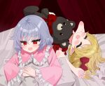  2girls alternate_costume bad_id bad_pixiv_id bed blonde_hair blush bow chimi_(s2yuyukos2) closed_eyes collared_shirt commentary dress fang flandre_scarlet frilled_shirt_collar frilled_sleeves frills hair_bow hat highres long_sleeves lying missing_headwear missing_wings mob_cap multiple_girls on_back on_bed on_stomach open_mouth own_hands_together pillow pink_dress pointy_ears puffy_short_sleeves puffy_sleeves purple_hair red_bow red_dress red_eyes remilia_scarlet shirt short_sleeves siblings sisters skin_fang smile stuffed_animal stuffed_toy teddy_bear touhou under_covers unworn_headwear white_hat wide_sleeves 