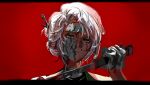  1girl absurdres animification blood blood_in_hair blood_on_face blood_on_hand blood_splatter chinese_commentary closed_mouth commentary_request enal_(xinjinjumin376058318499) grey_eyes hair_bun hair_ornament hair_stick hand_up harumi_(ninjago) highres holding holding_sword holding_weapon light_smile looking_at_viewer ninjago portrait red_background short_hair simple_background solo sword weapon white_hair 