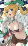  1girl alternate_costume blonde_hair blue_eyes breasts brown_shorts cleavage commentary_request corsair_(monster_strike) dress gloves hair_ornament hat highres kuronyan9630 makeup midriff monster_strike navel open_mouth santa_costume santa_dress shorts solo standing star_(symbol) twintails white_gloves white_hat 