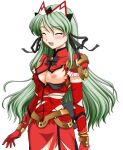  1girl 2000s_(style) blush breasts closed_eyes dress earrings elbow_gloves elixir_rose game_asset gloves green_hair hair_ribbon happy headdress jewelry kagashima_itsuki large_variant_set long_hair magical_girl mahou_senshi_(series) mahou_senshi_elixir_knights medium_breasts nipples non-web_source official_art one_breast_out open_mouth ribbon saitou_natsuki self-datamine simple_background smile solo tachi-e torn_clothes transparent_background variant_set 