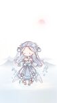  1girl bare_shoulders black_eyes blue_bow blue_choker blue_dress blue_shoes blue_sleeves blush_stickers bow bow_choker bubble chibi chinese_commentary chinese_hairpin choker coattails commentary_request cone_hair_bun deep_in_the_clouds_(shining_nikki) detached_sleeves double_bun dress forehead frilled_anklet frilled_choker frilled_sleeves frills grey_hair hair_bun hair_ornament hair_stick highres interruption_(echo-023) lake long_hair long_sleeves mountainous_horizon nikki_(series) no_mouth puffy_long_sleeves puffy_sleeves ripples see-through_clothes see-through_sleeves shining_nikki shoes solid_oval_eyes solo standing standing_on_liquid strapless strapless_dress striped_clothes striped_dress sun tailcoat vertical-striped_clothes vertical-striped_dress very_long_hair waist_bow water_drop white_background 