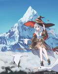  1girl absurdres bird black_cape black_hat blue_eyes blue_sky broom broom_riding cape closed_mouth cloud commentary_request cumulonimbus_cloud day dress_shirt elaina_(majo_no_tabitabi) floating_hair full_body grey_vest hair_between_eyes hat highres k2_(kazu1030) long_hair looking_at_viewer majo_no_tabitabi motion_blur outdoors petals purple_skirt shirt sidesaddle skirt sky smile solo vest white_bird white_hair white_shirt witch_hat 