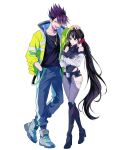  1boy 1girl :| absurdres bare_shoulders belt black_leotard black_shirt blue_pants boots brown_hair closed_eyes closed_mouth commentary cosplay covered_navel crossed_arms cyberpunk:_edgerunners cyberpunk_(series) danganronpa_(series) danganronpa_v3:_killing_harmony david_martinez david_martinez_(cosplay) facial_hair full_body goatee grey_thighhighs hair_ornament hair_scrunchie hand_in_pocket harukawa_maki headpat high_heel_boots high_heels highleg highleg_leotard highres jacket jewelry knee_boots korean_commentary leotard llie_137 long_hair long_sleeves low_twintails lucy_(cyberpunk) lucy_(cyberpunk)_(cosplay) momota_kaito necklace off-shoulder_jacket off_shoulder pants purple_facial_hair purple_hair red_eyes scrunchie shirt shoes short_hair simple_background smile sneakers spiked_hair thighhighs turtleneck turtleneck_leotard twintails white_background white_jacket white_shoes yellow_jacket 