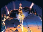  1girl black_hair bob_cut cigarette cigarette_kiss city_lights cityscape coat commentary deadlock_(game) english_commentary highres holding holding_cigarette jacket lighting_cigarette looking_at_another mina_(deadlock) pocket_(deadlock) rosewaterjelly short_hair smoking suit upper_body 