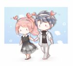  1boy 1girl aeon_(shining_nikki) bare_arms bare_shoulders black_dress black_eyes black_shirt black_shoes blue_hair blush_stickers bubble buttons chibi chinese_commentary collared_dress collared_jacket commentary_request contrast_collar crab_claw crab_print dress fish fish_tank flats frilled_dress frills hairband hetero holding_hands interruption_(echo-023) jacket long_dress long_hair looking_ahead motion_lines nikki_(nikki) nikki_(series) no_mouth open_clothes open_jacket pants parted_bangs pink_hair pleated_dress ponytail print_dress print_shirt shining_nikki shirt shoes short_hair short_sleeves sleeveless sleeveless_dress solid_oval_eyes standing white_background white_hairband white_jacket white_pants white_shoes 